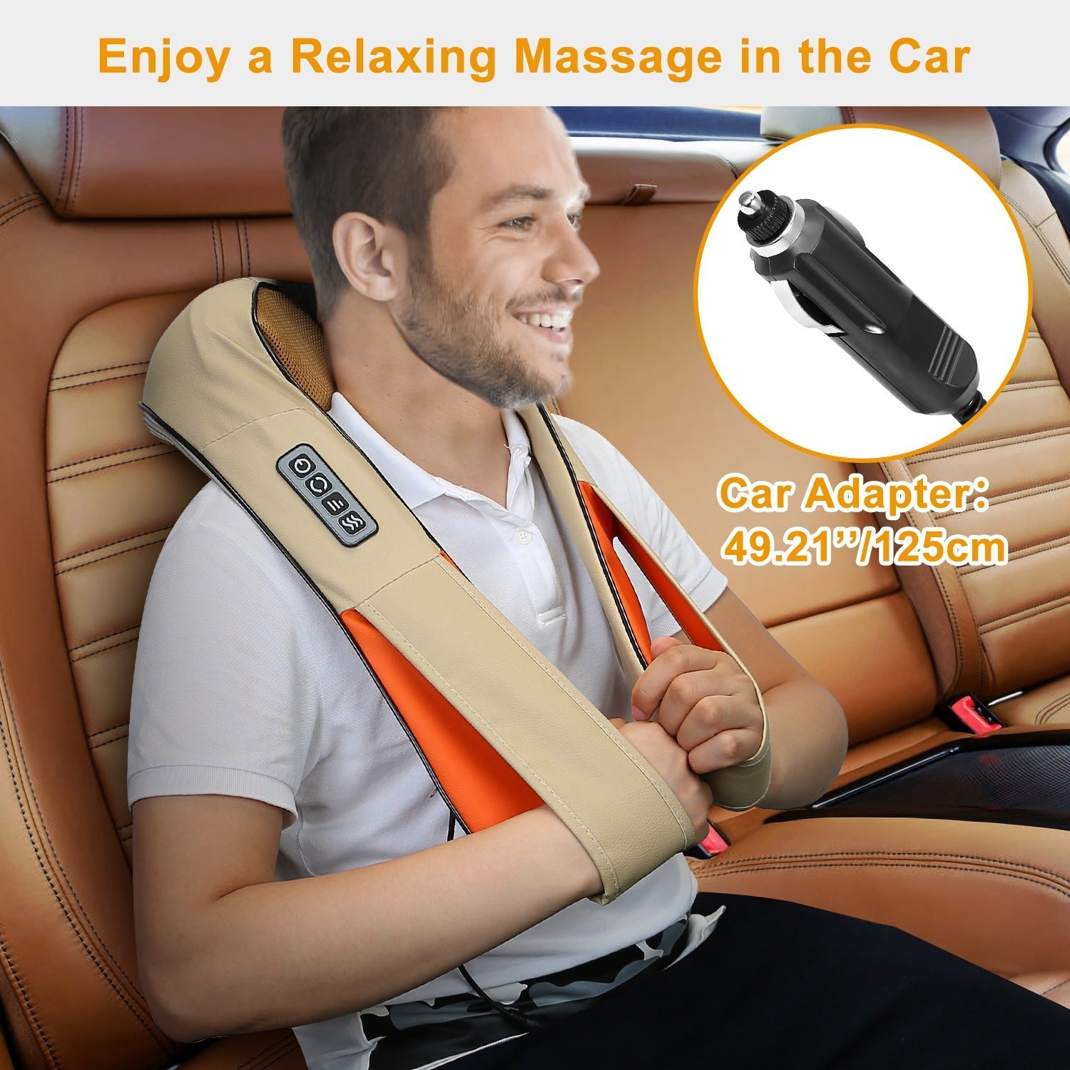 Person using electric neck massager with heat for muscle tension relief